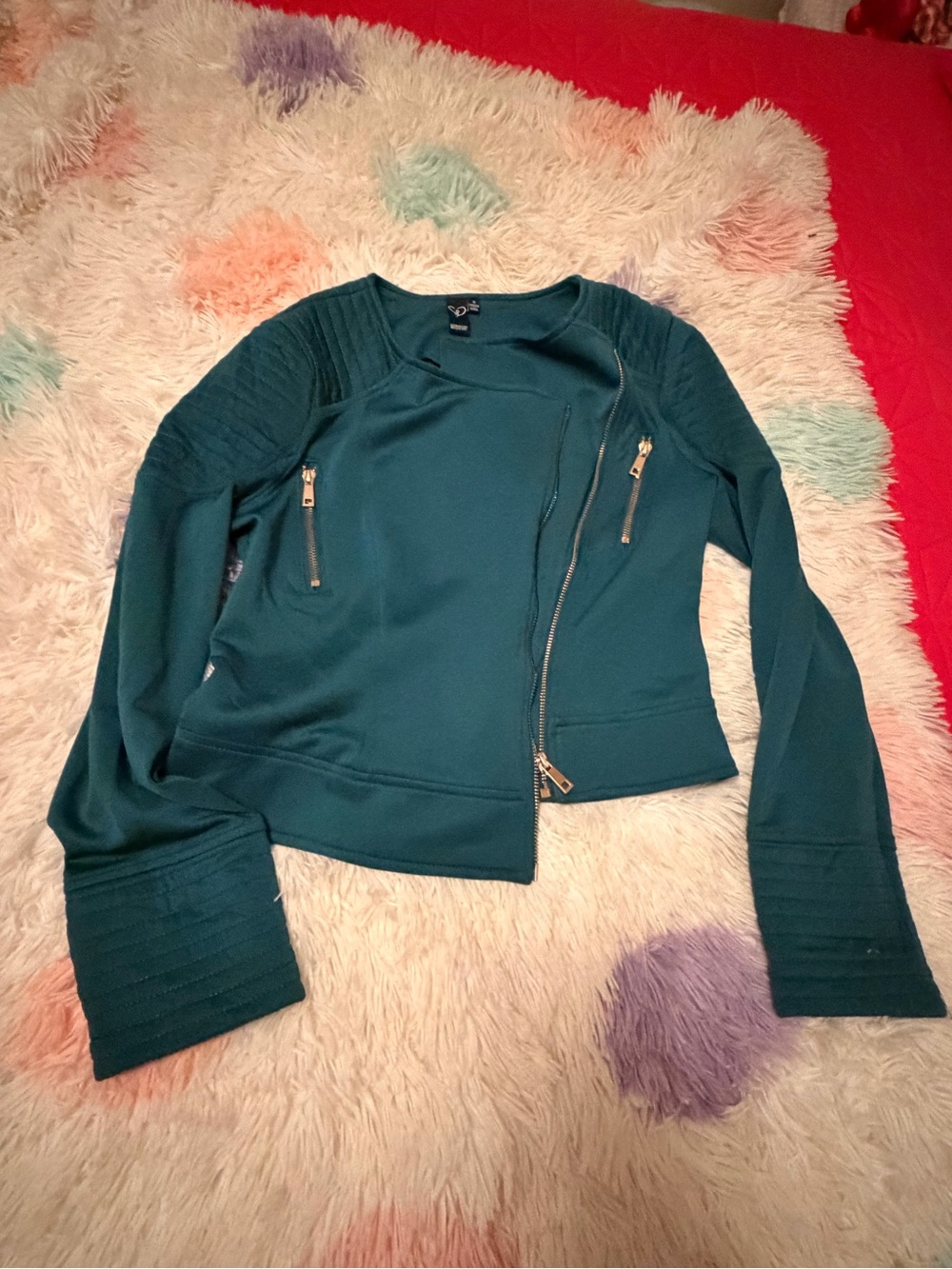 Windsor Teal Asymmetric Moto Jacket with Gold Zippers